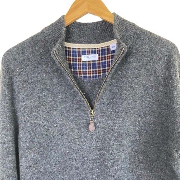 Tom James 1/4 Zip Merino Wool Sweater Grey with Speckles Elbow Patches Casual M - Picture 3 of 16